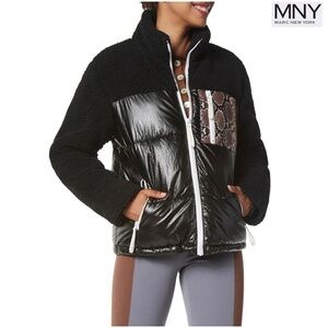 MARC NEW YORK WOMEN NWT BOO FAUX SHEPRA MIXED MEDIA PUFFER BLACK JACKET. SIZE M